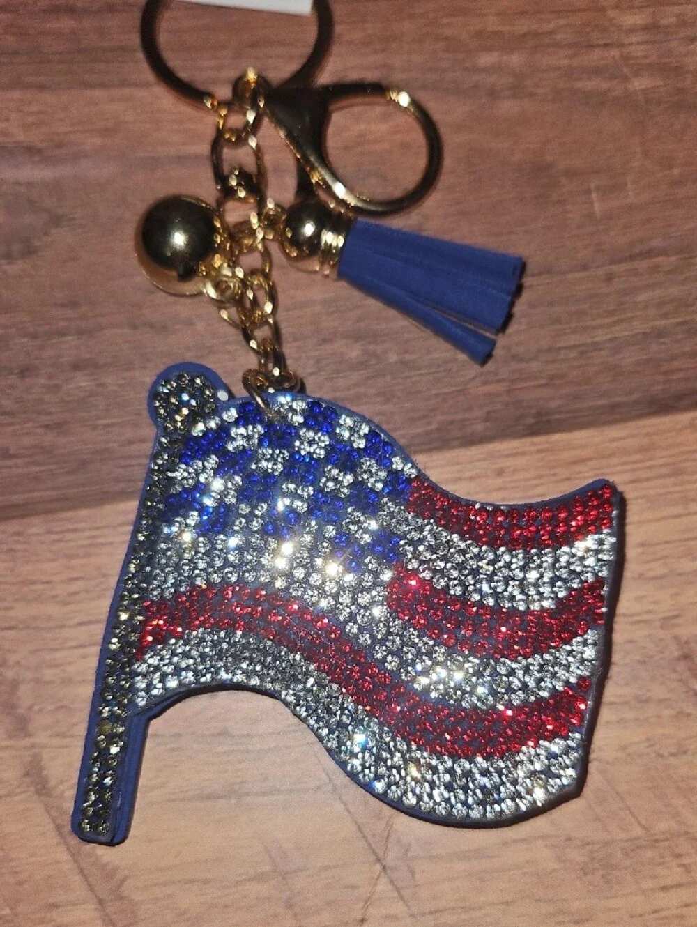 Rhinestone Flag Keychain with Gold Hardware